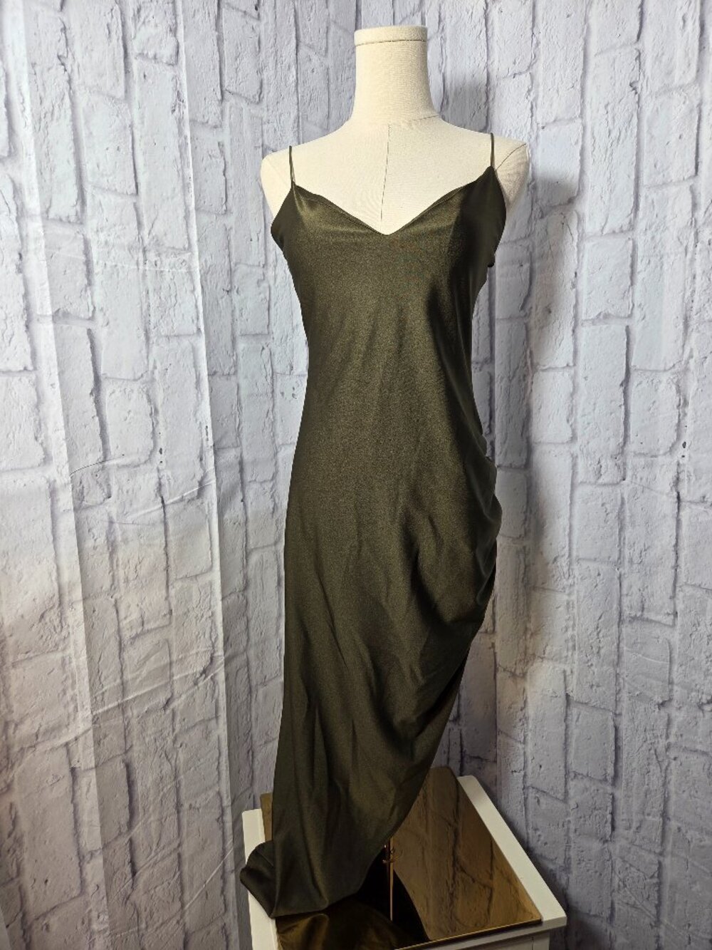 Windsor Large Olive Green Ruched Side Bodycon High Slit Wedding Cocktail Dress
